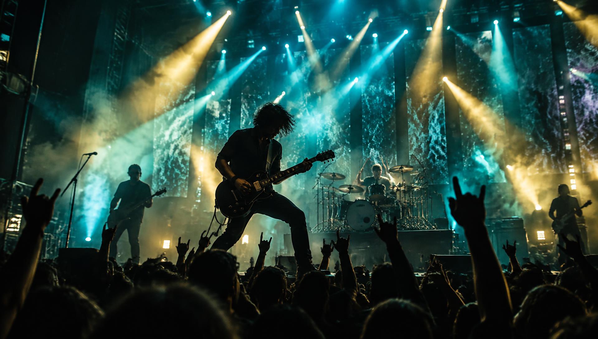A guitarist performing under turquoise and gold stage lights as the crowd raises their hands